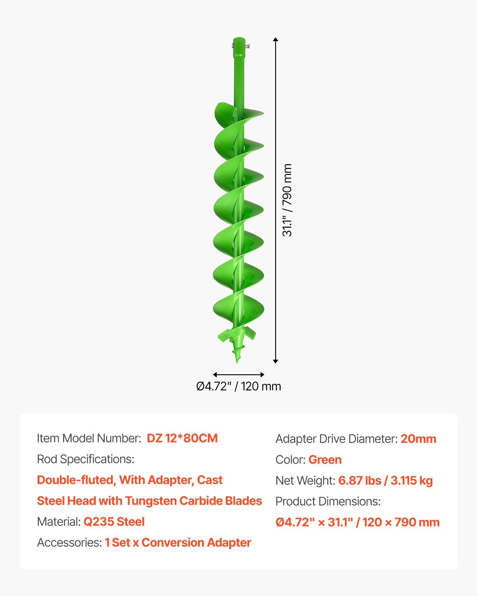 VEVOR Auger Drill Bit for Planting, 120 x 790 mm Spiral Drill Bit, Compatible with 20mm ID Drive Drills, Heavy Duty Bulb Planter Tool, Post Hole Drilling Attachments for Garden Digger Fence