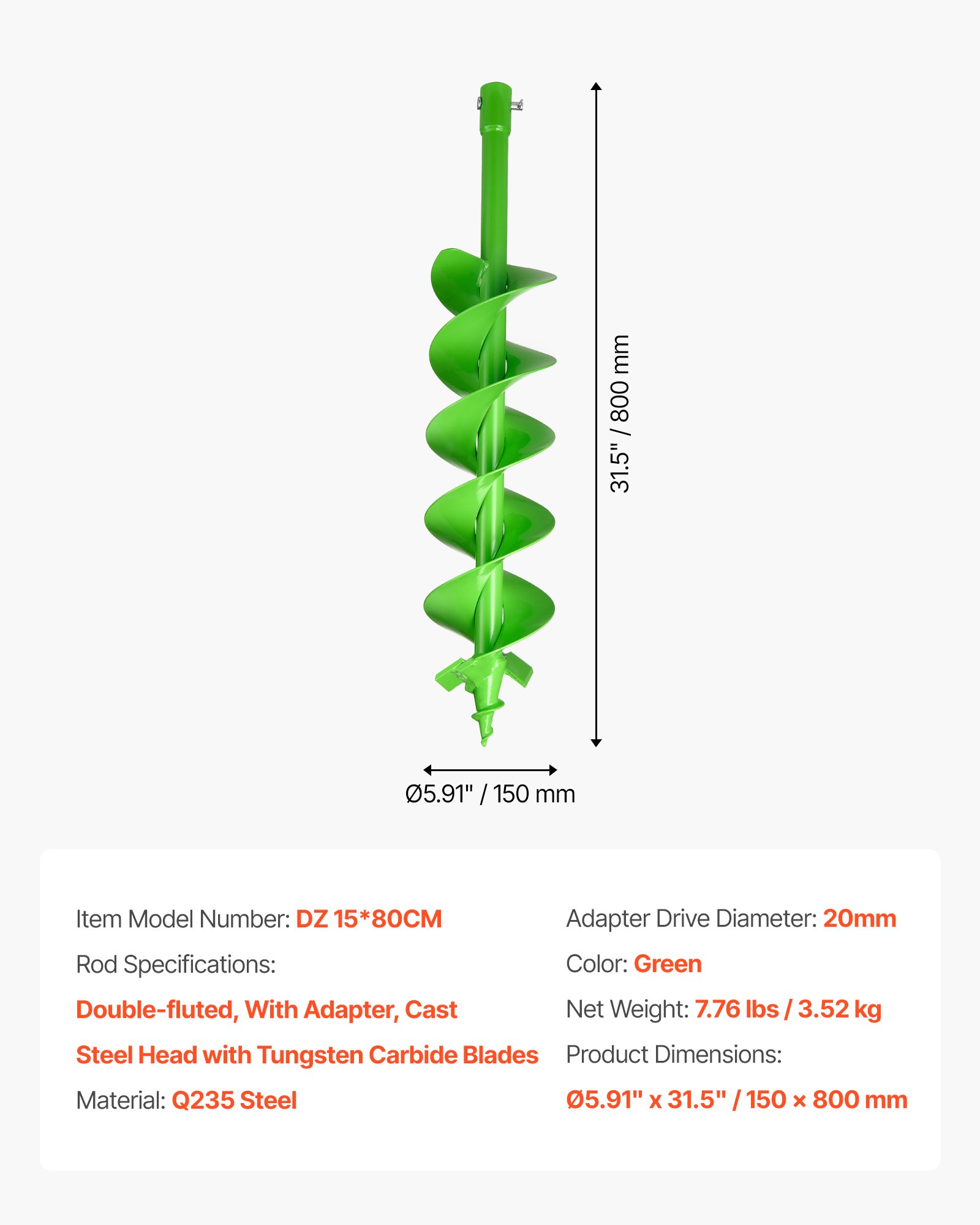 VEVOR Broca Helicoidal para Plantar Ø 150 x 800 mm Compatible con Taladros de 20 mm de Diámetro Interior, Herramienta para Plantar Bulbos, Accesorios para Perforar Postes y Cercas de Jardín, Verde