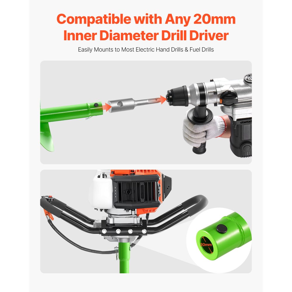 VEVOR Broca Helicoidal para Plantar Ø 200 x 790 mm Compatible con Taladros de 20 mm de Diámetro Interior, Herramienta para Plantar Bulbos, Accesorios para Perforar Postes y Cercas de Jardín, Verde