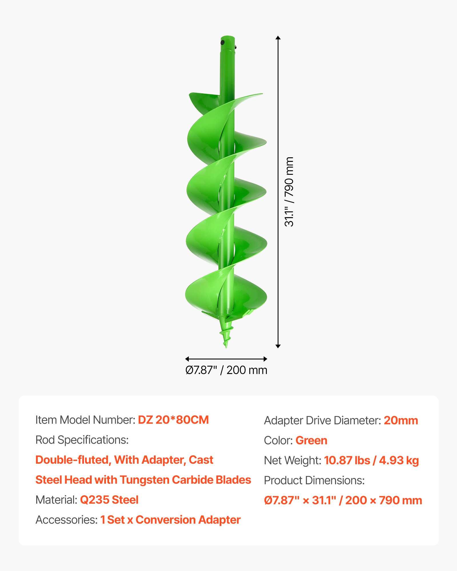VEVOR Broca Helicoidal para Plantar Ø 200 x 790 mm Compatible con Taladros de 20 mm de Diámetro Interior, Herramienta para Plantar Bulbos, Accesorios para Perforar Postes y Cercas de Jardín, Verde