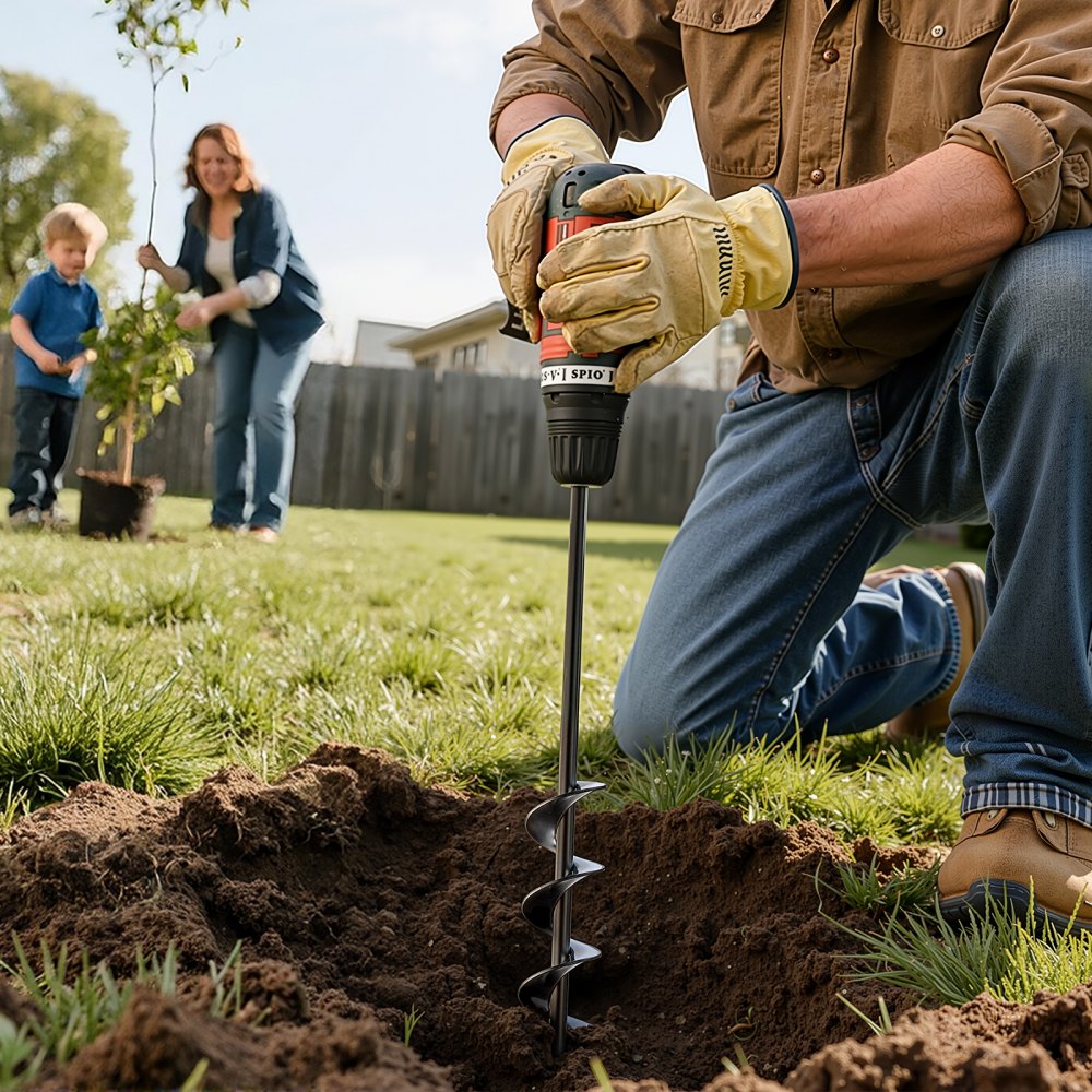 VEVOR Broca Helicoidal para Plantar Ø 40 x 420 mm para Taladros con Punta Hexagonal de 10 mm, Herramienta Robusta para Plantar Bulbos, Accesorios para Perforar Agujeros en Jardines y Cercas, Negro