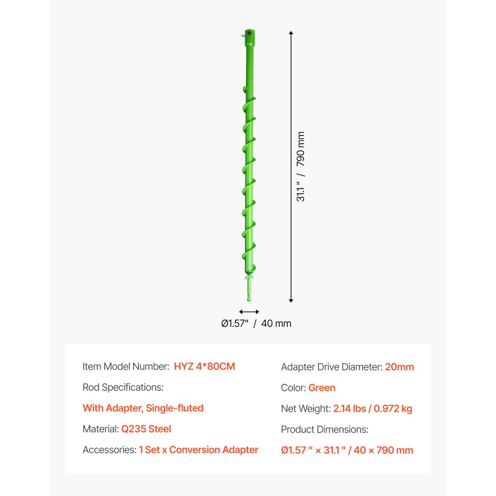 VEVOR Auger Drill Bit for Planting, 40 x 800 mm Spiral Drill Bit, Compatible with 20mm ID Drive Drills, Heavy Duty Bulb Planter Tool, Post Hole Drilling Attachments for Garden Digger Fence