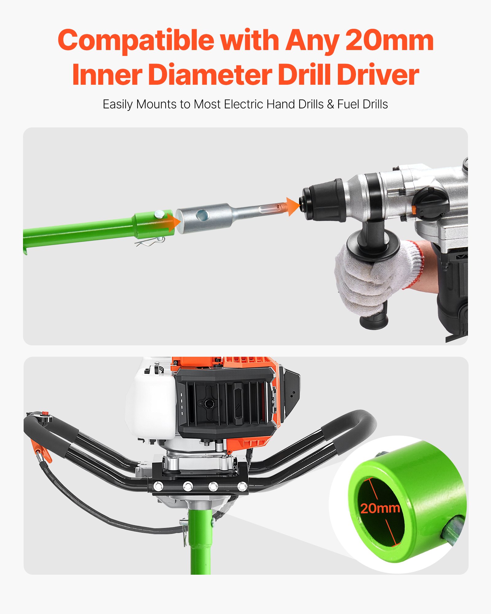 VEVOR Broca Helicoidal para Plantar Ø 40 x 790 mm Compatible con Taladros de 20 mm de Diámetro Interior, Herramienta para Plantar Bulbos, Accesorios para Perforar Postes y Cercas de Jardín, Verde