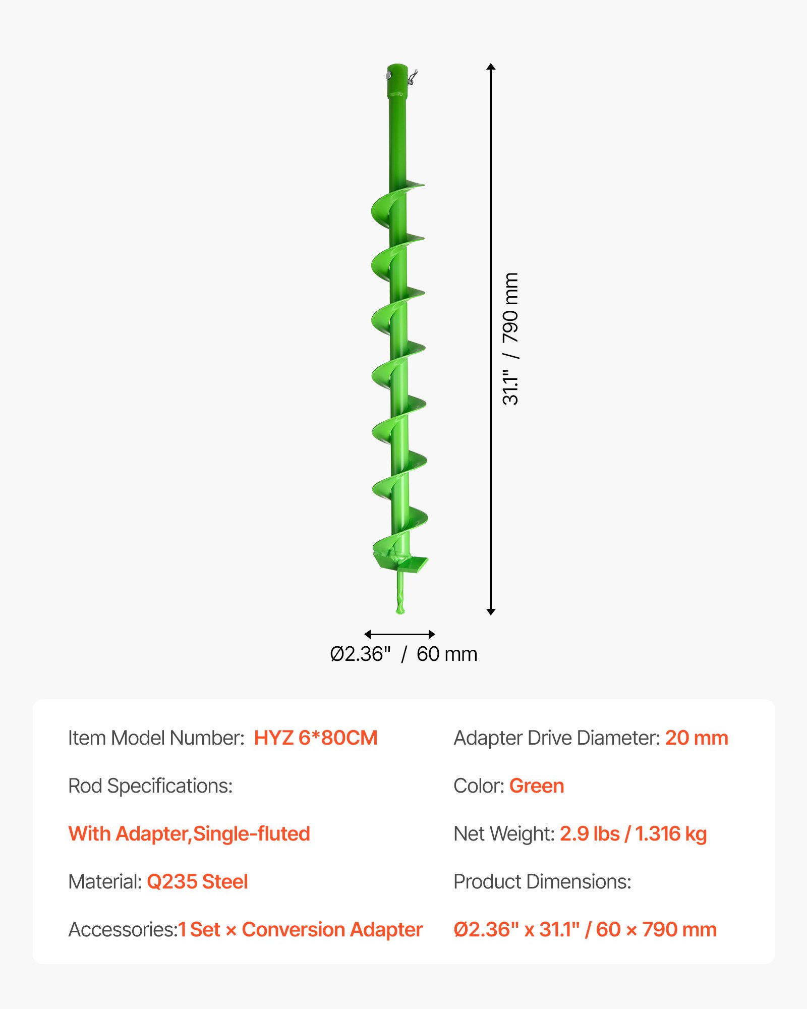 VEVOR Broca Helicoidal para Plantar Ø 60 x 790 mm Compatible con Taladros de 20 mm de Diámetro Interior, Herramienta para Plantar Bulbos, Accesorios para Perforar Postes y Cercas de Jardín, Verde