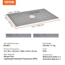 VEVOR Kit de plato de ducha de 48" x 72" con drenaje central de 6,3", kits de instalación de ducha EPS livianos con 2 paños impermeables, palos inclinados para plato de ducha adecuados para baño