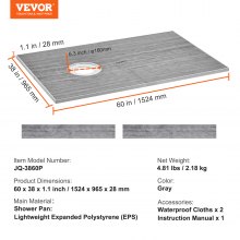 VEVOR Kit de borde de ducha, 1524 x 965 mm, kit de plato de ducha con drenaje compensado, instalación de ducha ligera de EPS, 2 paños impermeables, varillas inclinadas para plato de ducha para baño