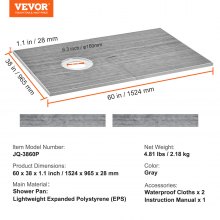 VEVOR Kit de borde de ducha, 1524 x 965 mm, kit de plato de ducha con drenaje compensado, instalación de ducha ligera de EPS, 2 paños impermeables, varillas inclinadas para plato de ducha para baño