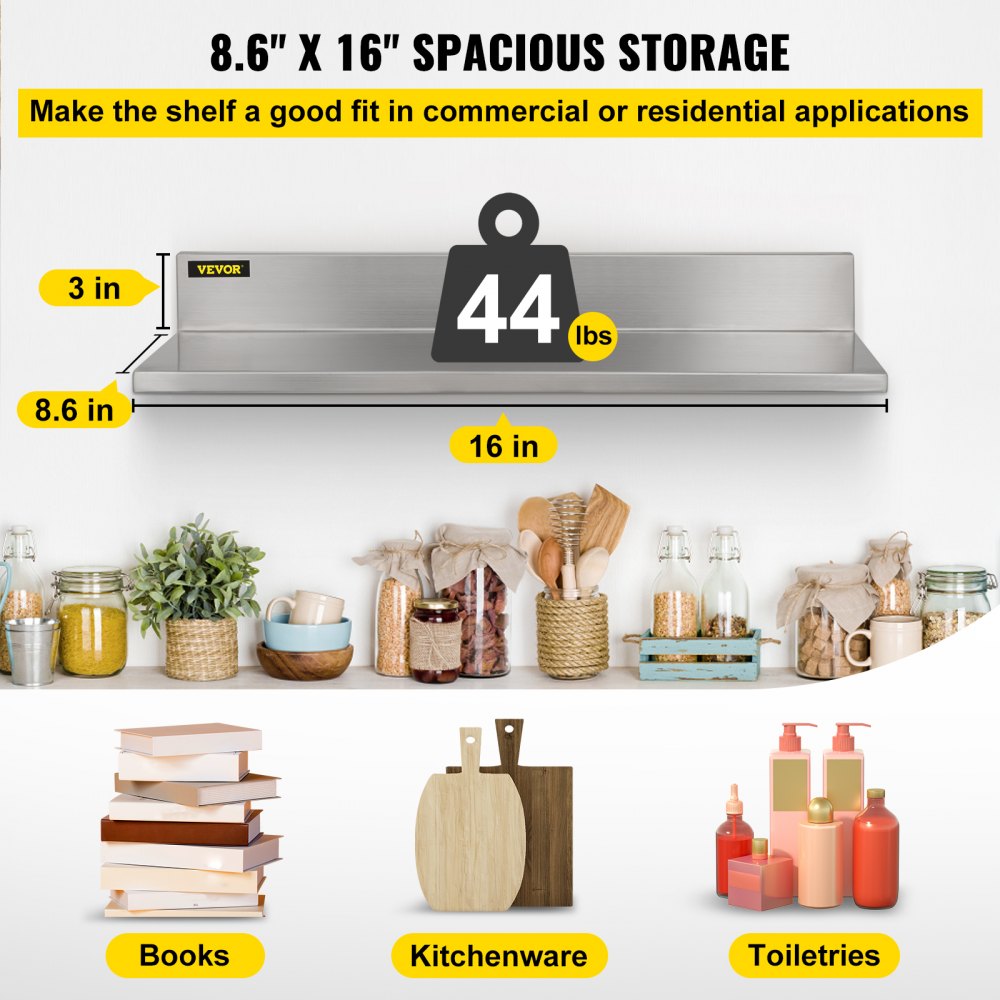 VEVOR Estante de pared de acero inoxidable, 8.6 x 30 pulgadas, 20.0 kg de carga resistente para montaje en pared comercial con salpicaduras para restaurante, hogar, cocina, hotel, lavandería, bar