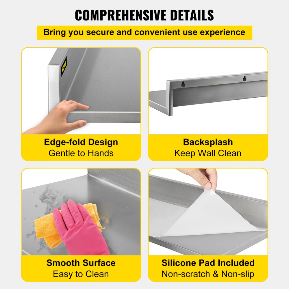 VEVOR Estante de pared de acero inoxidable, 8.6 x 30 pulgadas, 20.0 kg de carga resistente para montaje en pared comercial con salpicaduras para restaurante, hogar, cocina, hotel, lavandería, bar