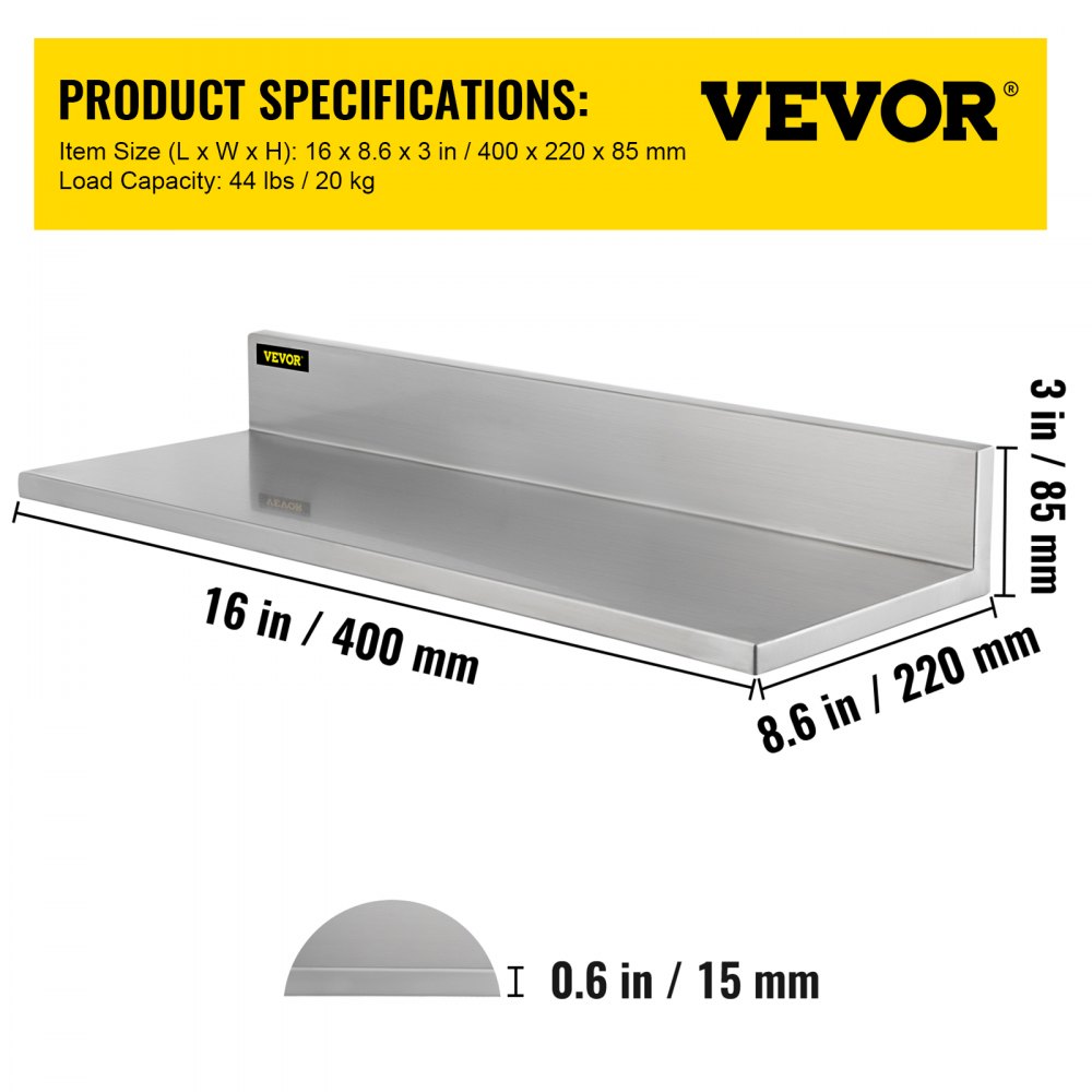 VEVOR Estante de pared de acero inoxidable, 8.6 x 30 pulgadas, 20.0 kg de carga resistente para montaje en pared comercial con salpicaduras para restaurante, hogar, cocina, hotel, lavandería, bar