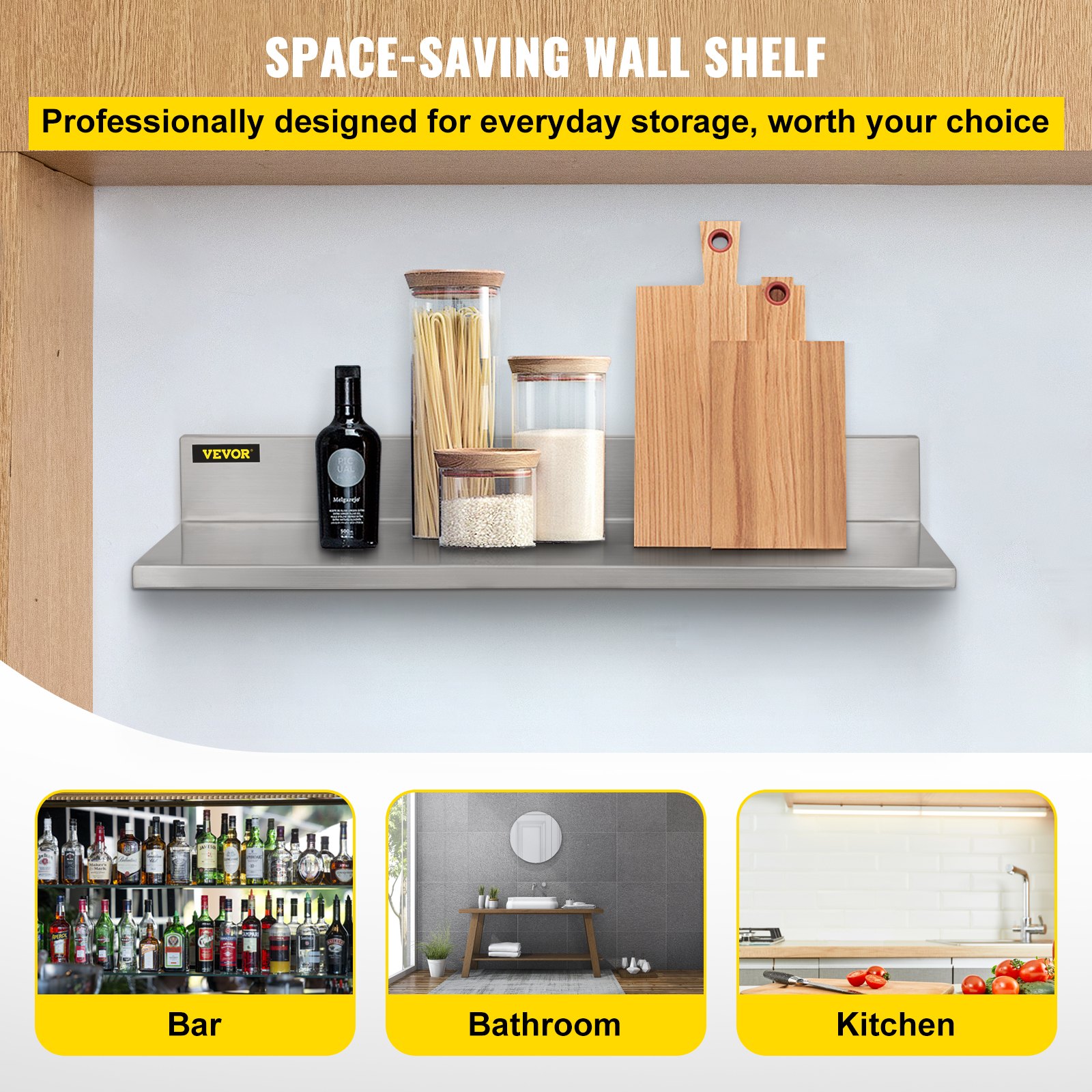 VEVOR Estante de pared de acero inoxidable, 8.6 x 30 pulgadas, 20.0 kg de carga resistente para montaje en pared comercial con salpicaduras para restaurante, hogar, cocina, hotel, lavandería, bar