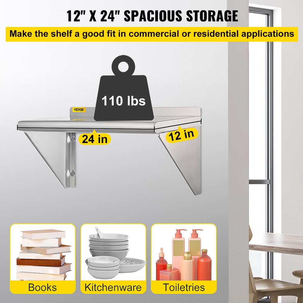 VEVOR Estante de pared de acero inoxidable, 12 x 24 pulgadas, 100 libras de carga resistente para montaje en pared comercial con salpicaduras y 2 soportes para restaurante, hogar, cocina, hotel, lavan