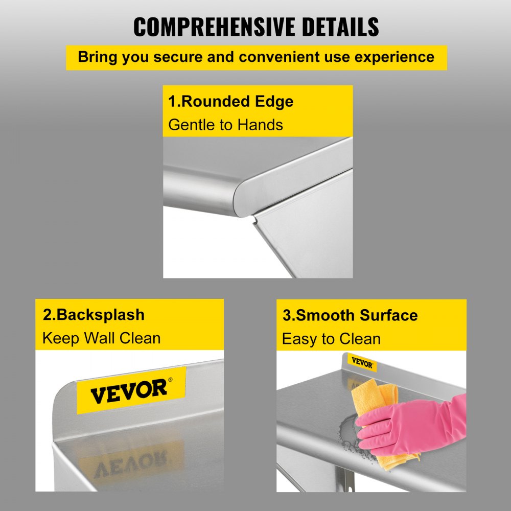 VEVOR Estante de pared de acero inoxidable, 12 x 24 pulgadas, 100 libras de carga resistente para montaje en pared comercial con salpicaduras y 2 soportes para restaurante, hogar, cocina, hotel, lavan