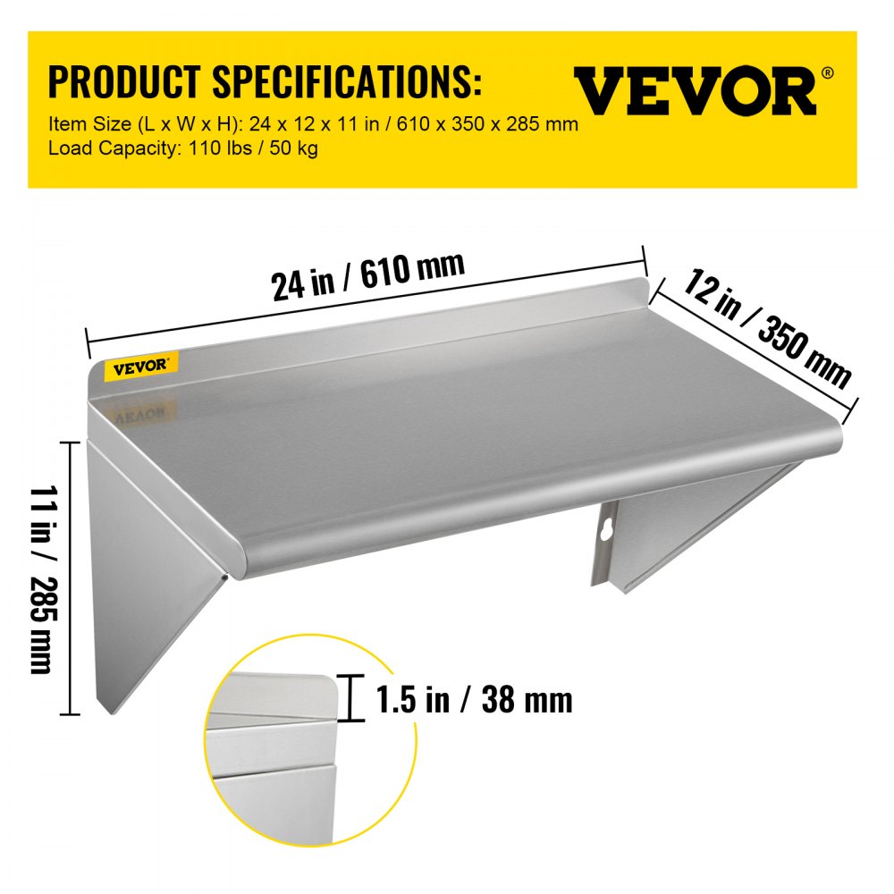 VEVOR Estante de pared de acero inoxidable, 12 x 24 pulgadas, 100 libras de carga resistente para montaje en pared comercial con salpicaduras y 2 soportes para restaurante, hogar, cocina, hotel, lavan