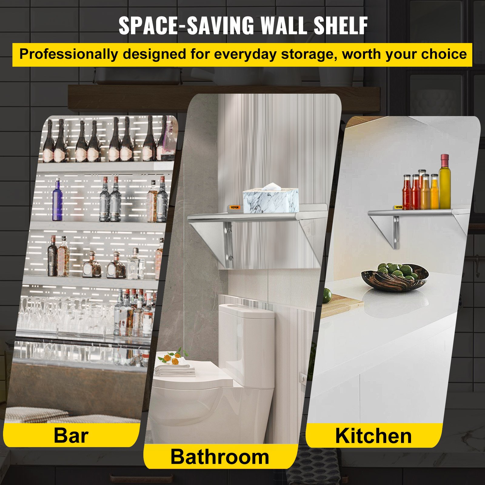 VEVOR Estante de pared de acero inoxidable, 12 x 24 pulgadas, 100 libras de carga resistente para montaje en pared comercial con salpicaduras y 2 soportes para restaurante, hogar, cocina, hotel, lavan