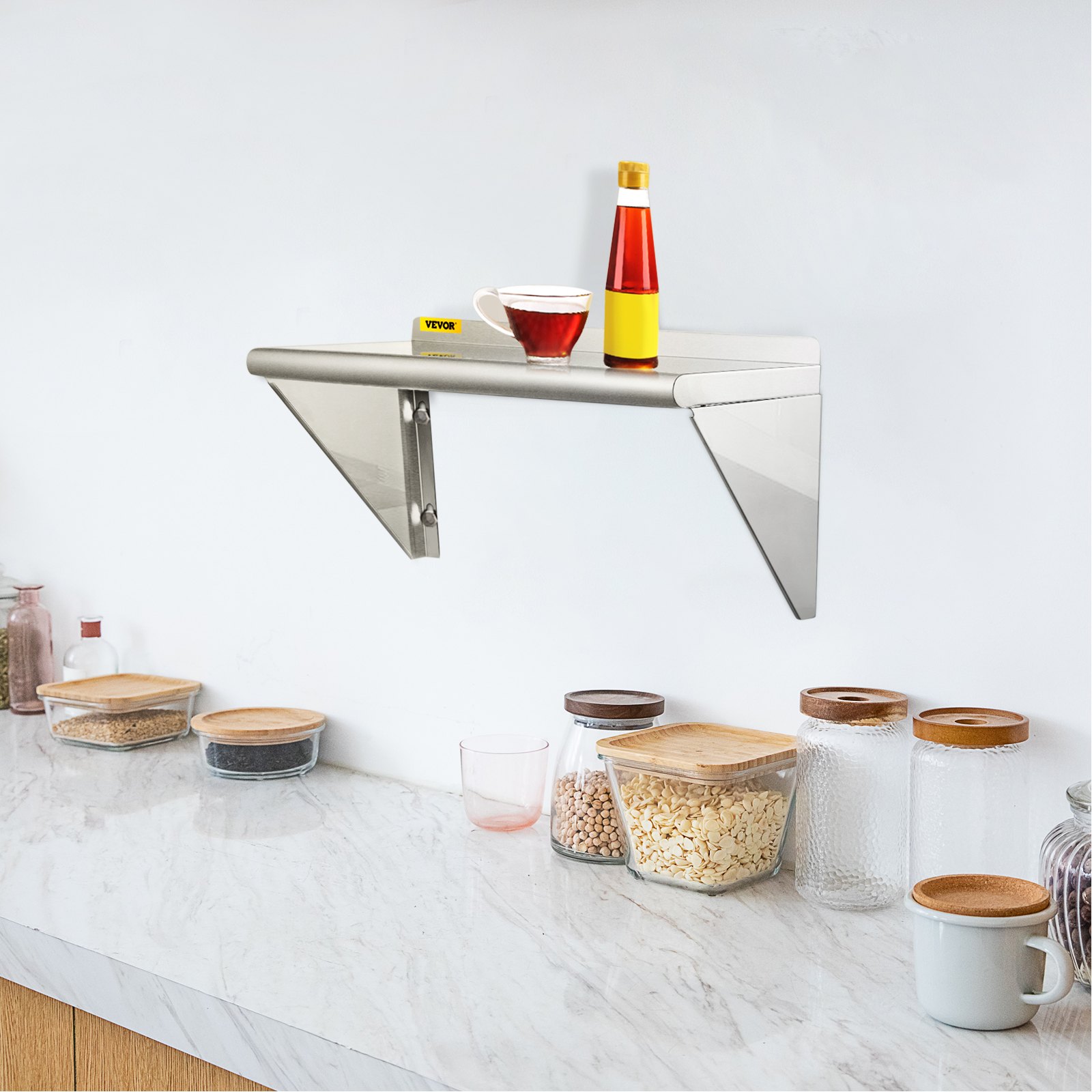 VEVOR Estante de pared de acero inoxidable, 12 x 24 pulgadas, 100 libras de carga resistente para montaje en pared comercial con salpicaduras y 2 soportes para restaurante, hogar, cocina, hotel, lavan