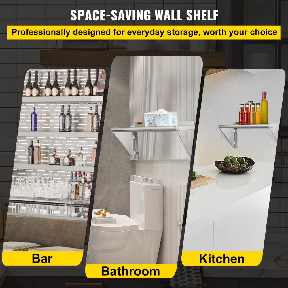VEVOR Estante de pared de acero inoxidable, 12 x 36 pulgadas, 100 libras de carga resistente para montaje en pared comercial con salpicadura trasera y 2 soportes para restaurante, hogar, cocina, hotel