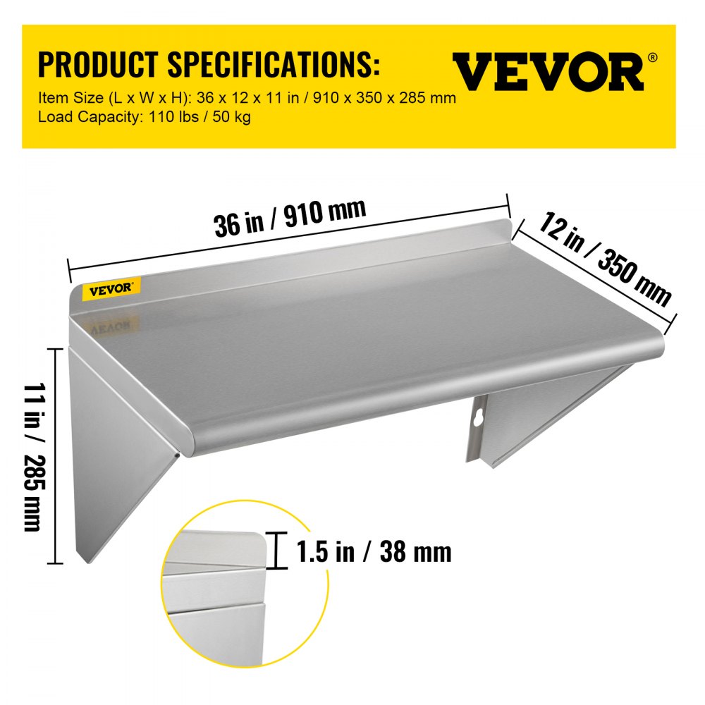 VEVOR Estante de pared de acero inoxidable, 12 x 36 pulgadas, 100 libras de carga resistente para montaje en pared comercial con salpicadura trasera y 2 soportes para restaurante, hogar, cocina, hotel