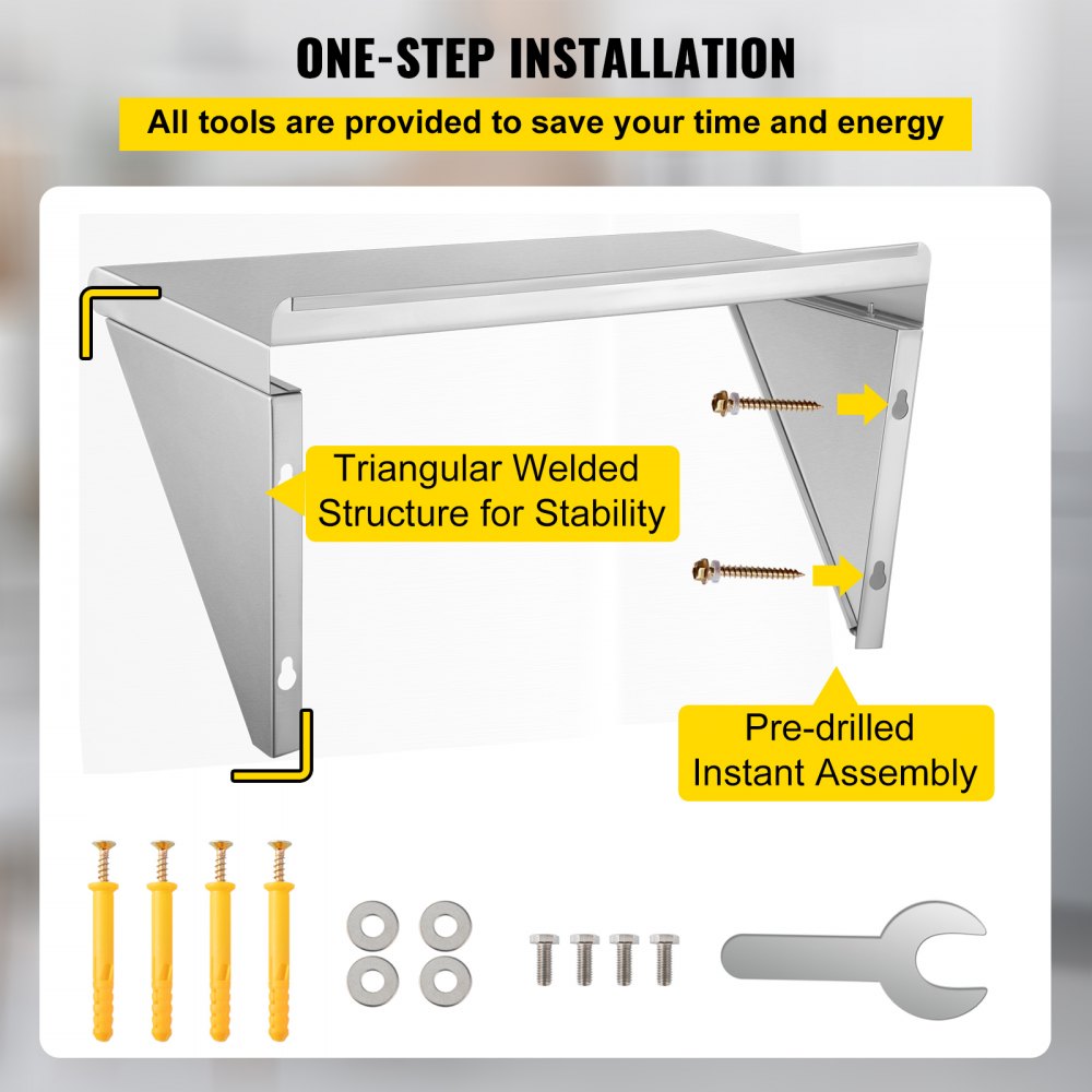 VEVOR Estante de pared de acero inoxidable, 18 x 24 pulgadas, 100 libras de carga resistente para montaje en pared comercial con salpicadura trasera y 2 soportes para restaurante, hogar, cocina, hotel