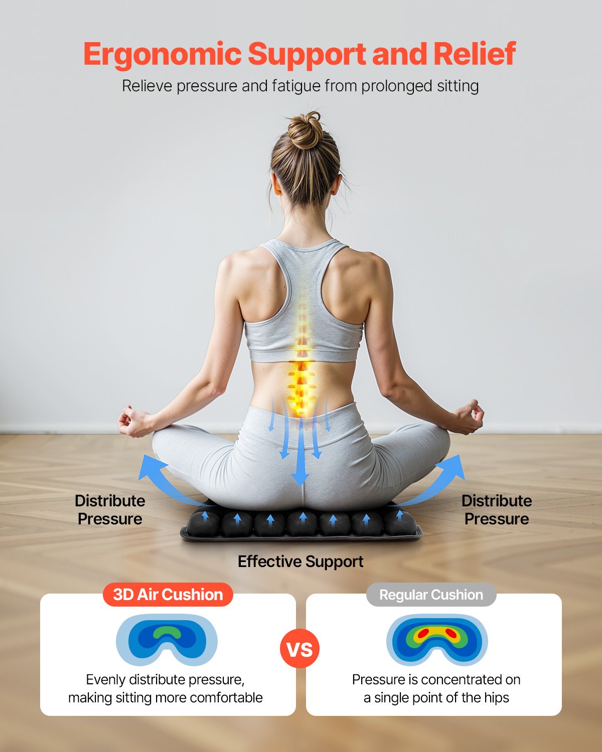 VEVOR Cojín de Asiento Inflable con Celdas de Aire 3D para Aliviar la Presión 46x41 cm Grosor de 45 mm de Licra y TPU con Bomba Manual, Ligero y Portátil para Viajes, Oficina, Coche, Avión, Negro