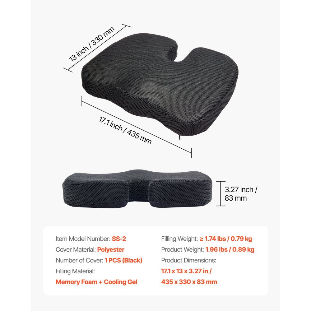 VEVOR Cojín de Asiento 435 x 330 x 83 mm de Espuma Viscoelástica y Gel Refrescante, para Aliviar la Presión, Suave y Transpirable, Ligero y Portátil para Viajes, Oficina, Coche, Avión, Negro