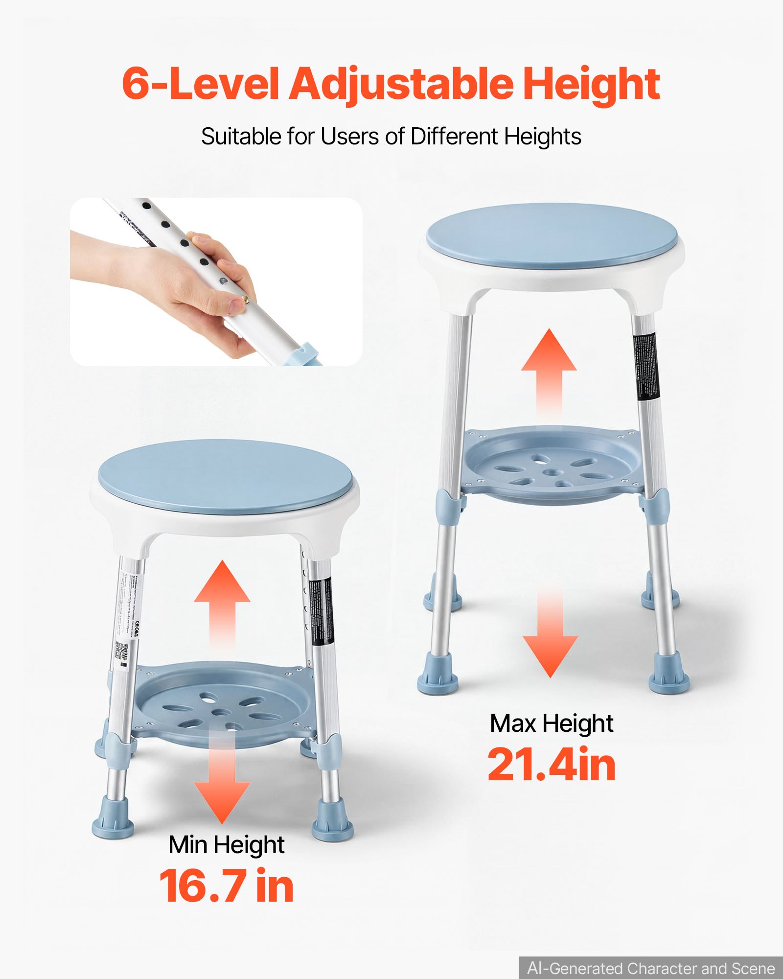VEVOR Silla de Ducha Giratoria 360°, Taburete para Baño Altura 6 Niveles, con Bandeja de Almacenamiento, Patas Antideslizantes, Capacidad de 158,8 kg, Estructura de Aluminio, para Personas Mayores