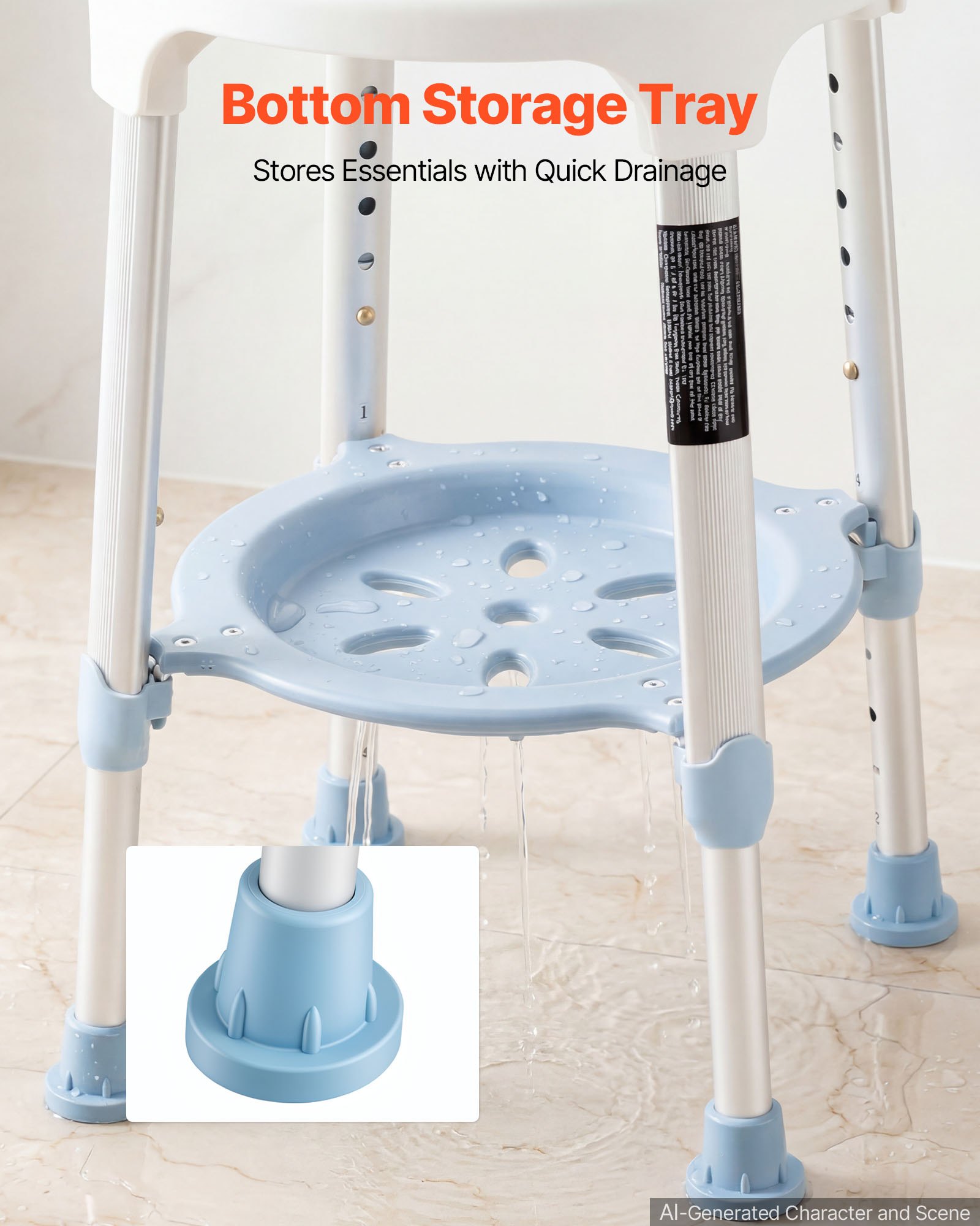 VEVOR Silla de Ducha Giratoria 360°, Taburete para Baño Altura 6 Niveles, con Bandeja de Almacenamiento, Patas Antideslizantes, Capacidad de 158,8 kg, Estructura de Aluminio, para Personas Mayores