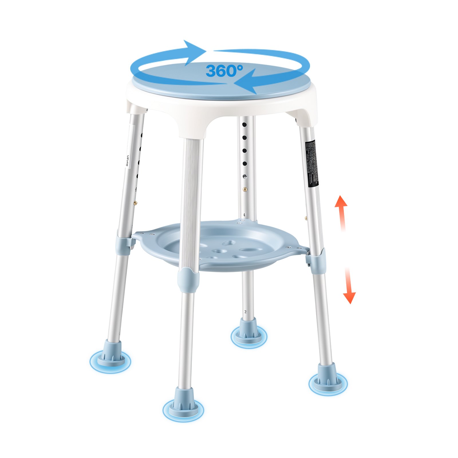 VEVOR Silla de Ducha Giratoria 360°, Taburete para Baño Altura 6 Niveles, con Bandeja de Almacenamiento, Patas Antideslizantes, Capacidad de 158,8 kg, Estructura de Aluminio, para Personas Mayores