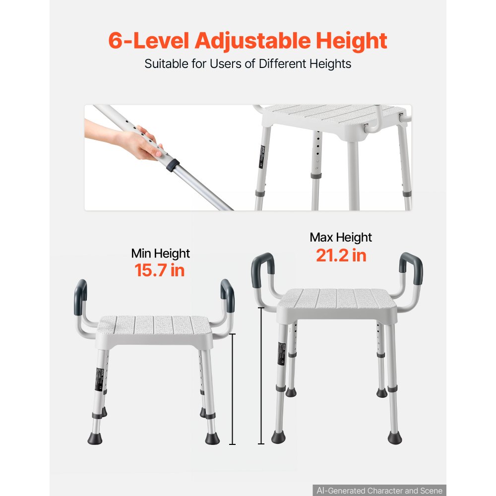 VEVOR Silla de Ducha con Reposabrazos, Taburete para Baño Altura 6 Niveles de 398-539 mm, Estructura de Aluminio, con Patas Antideslizantes, Carga de 181,4 kg, para Personas Mayores, Discapacitadas