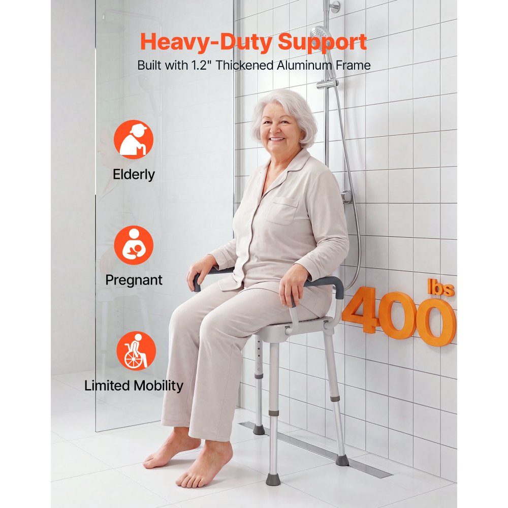 VEVOR Silla de Ducha con Reposabrazos, Taburete para Baño Altura 6 Niveles de 398-539 mm, Estructura de Aluminio, con Patas Antideslizantes, Carga de 181,4 kg, para Personas Mayores, Discapacitadas