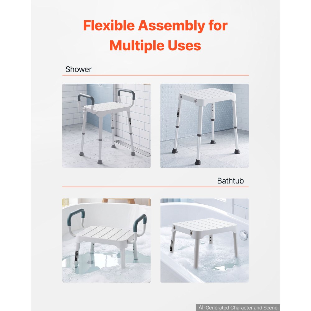 VEVOR Silla de Ducha con Reposabrazos, Taburete para Baño Altura 6 Niveles de 398-539 mm, Estructura de Aluminio, con Patas Antideslizantes, Carga de 181,4 kg, para Personas Mayores, Discapacitadas