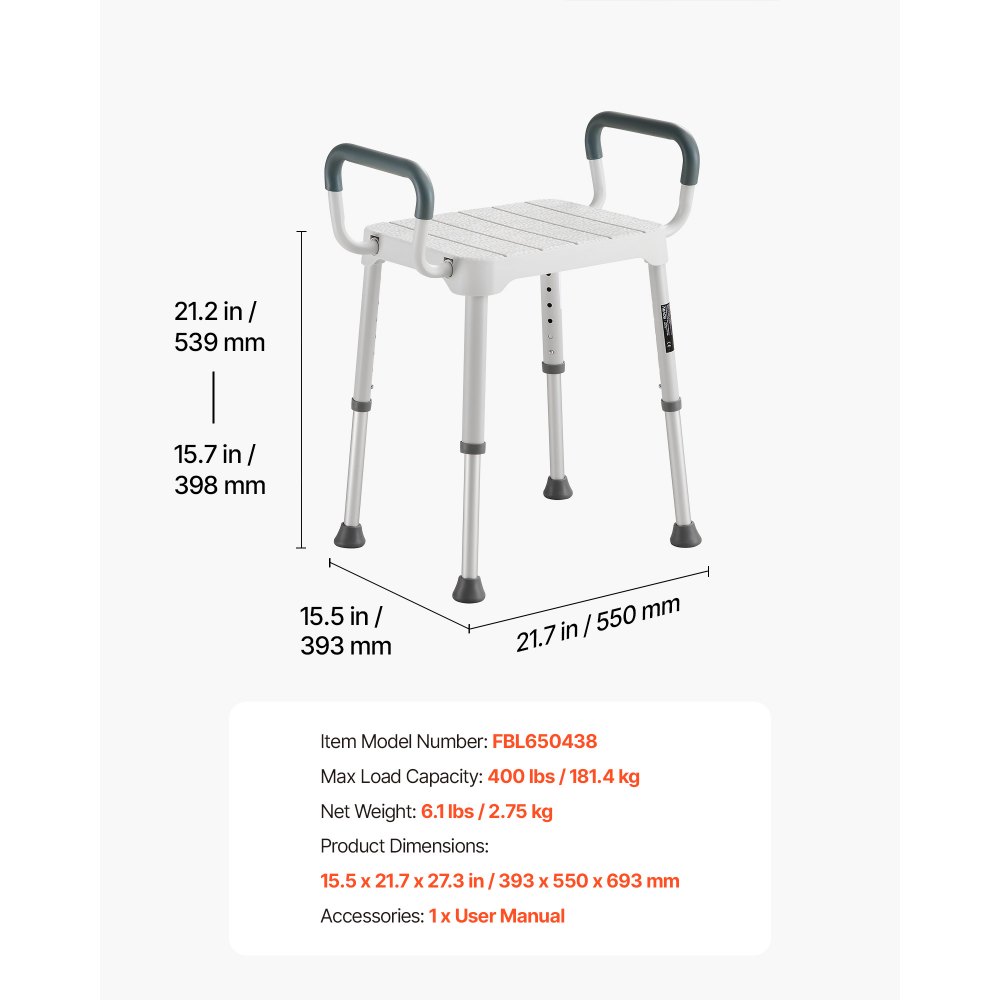 VEVOR Silla de Ducha con Reposabrazos, Taburete para Baño Altura 6 Niveles de 398-539 mm, Estructura de Aluminio, con Patas Antideslizantes, Carga de 181,4 kg, para Personas Mayores, Discapacitadas