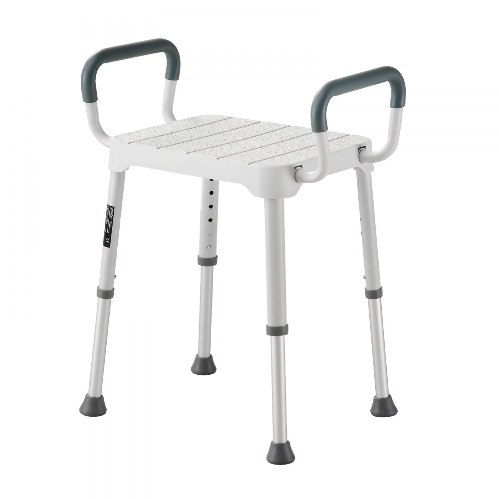 VEVOR Silla de Ducha con Reposabrazos, Taburete para Baño Altura 6 Niveles de 398-539 mm, Estructura de Aluminio, con Patas Antideslizantes, Carga de 181,4 kg, para Personas Mayores, Discapacitadas