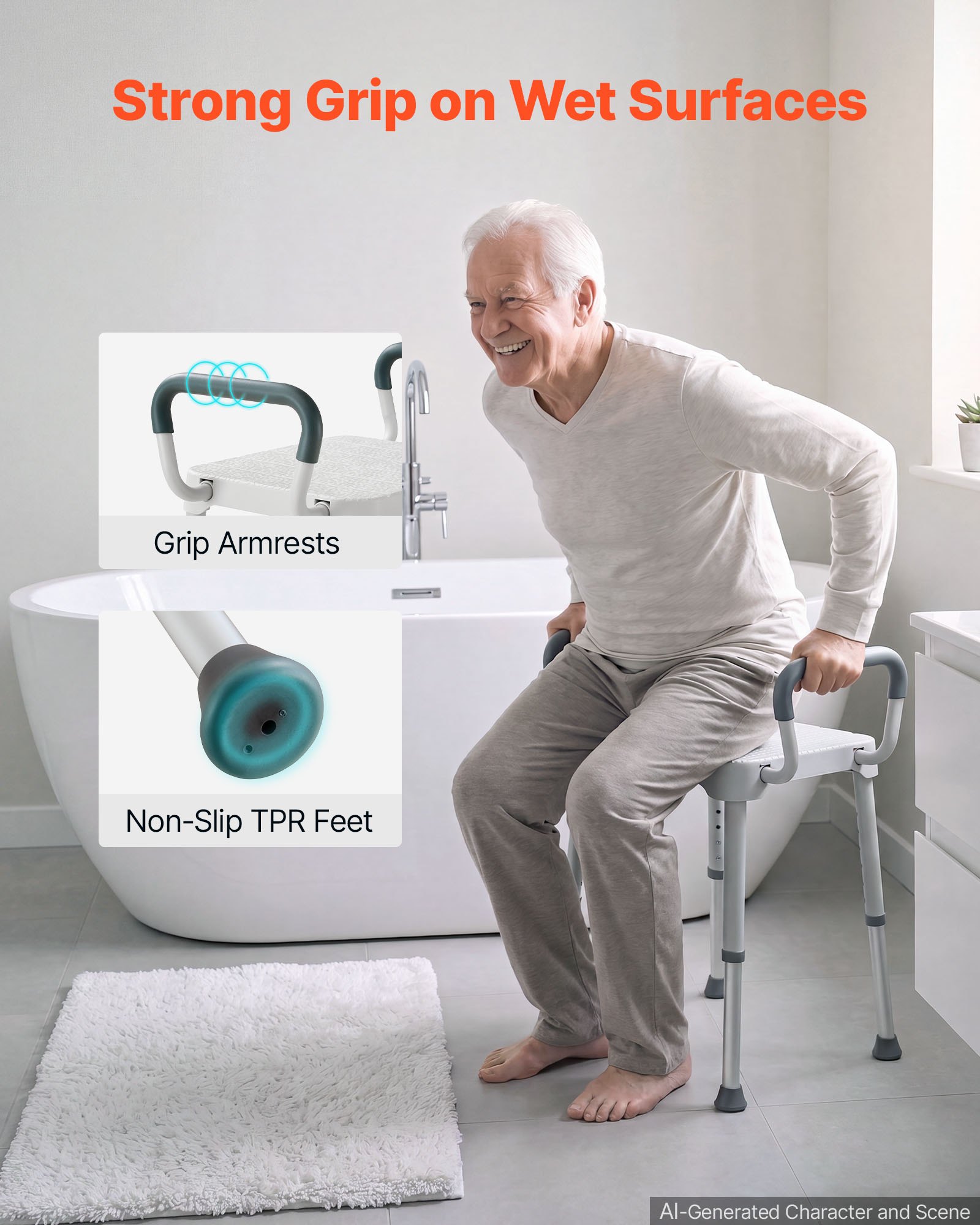 VEVOR Silla de Ducha con Reposabrazos, Taburete para Baño Altura 6 Niveles de 398-539 mm, Estructura de Aluminio, con Patas Antideslizantes, Carga de 181,4 kg, para Personas Mayores, Discapacitadas