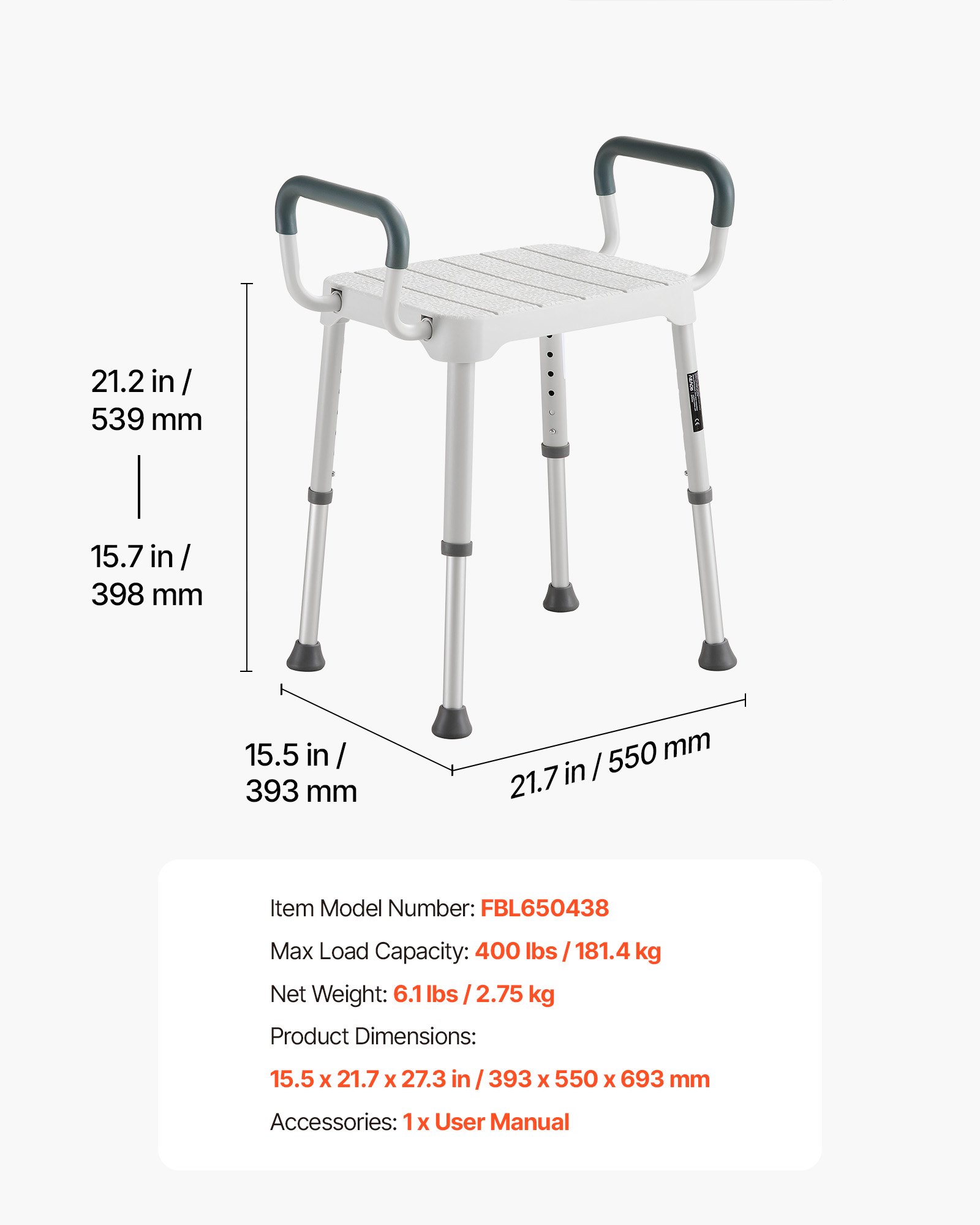 VEVOR Silla de Ducha con Reposabrazos, Taburete para Baño Altura 6 Niveles de 398-539 mm, Estructura de Aluminio, con Patas Antideslizantes, Carga de 181,4 kg, para Personas Mayores, Discapacitadas