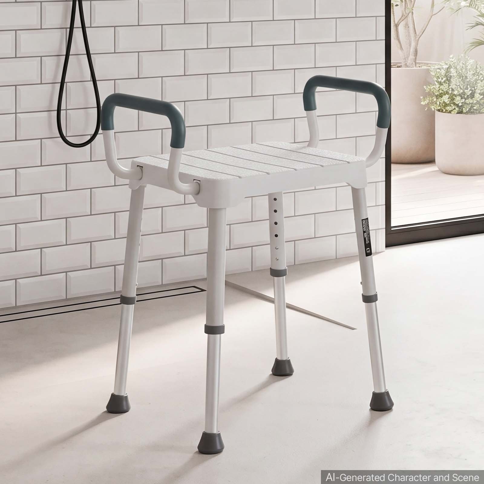 VEVOR Silla de Ducha con Reposabrazos, Taburete para Baño Altura 6 Niveles de 398-539 mm, Estructura de Aluminio, con Patas Antideslizantes, Carga de 181,4 kg, para Personas Mayores, Discapacitadas