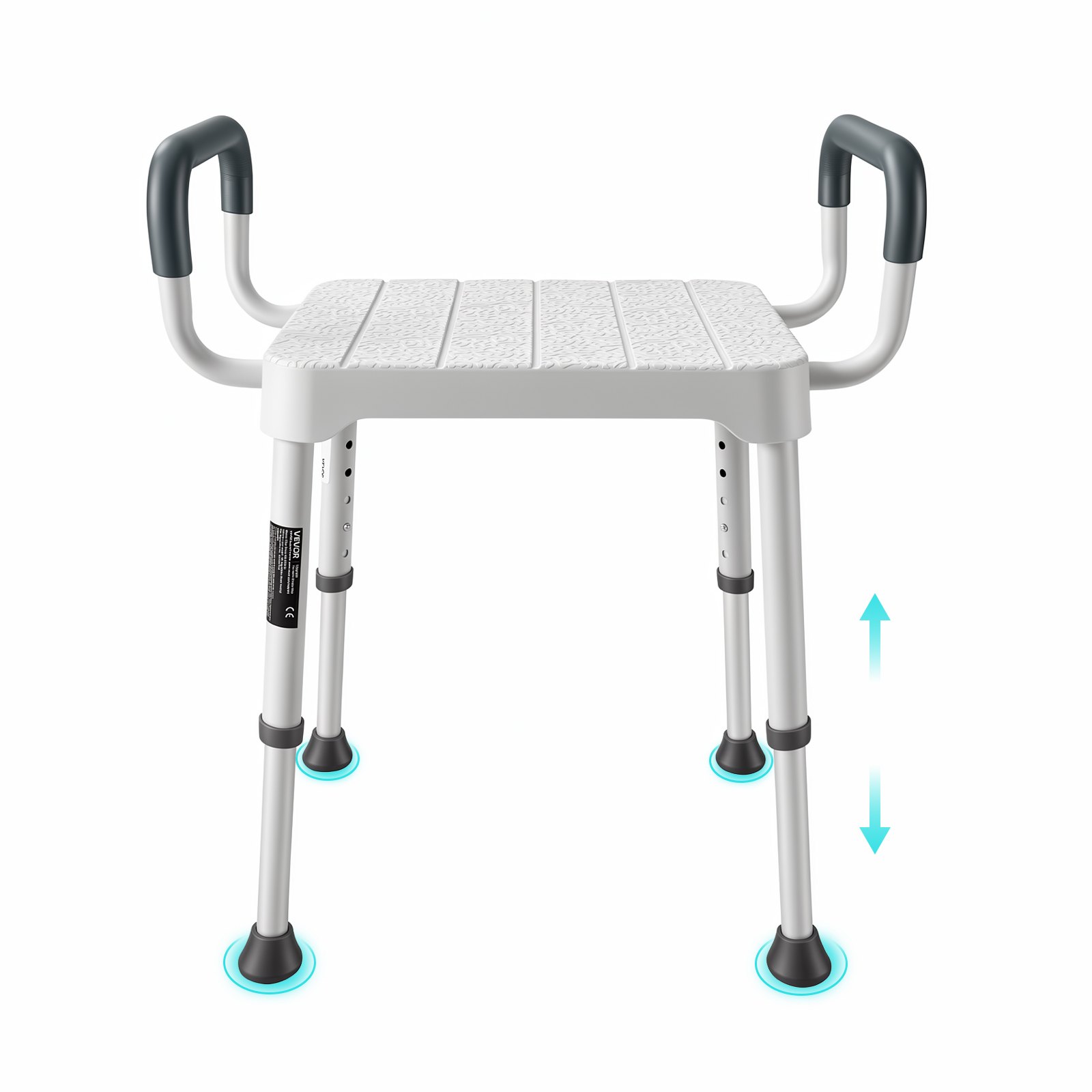 VEVOR Silla de Ducha con Reposabrazos, Taburete para Baño Altura 6 Niveles de 398-539 mm, Estructura de Aluminio, con Patas Antideslizantes, Carga de 181,4 kg, para Personas Mayores, Discapacitadas