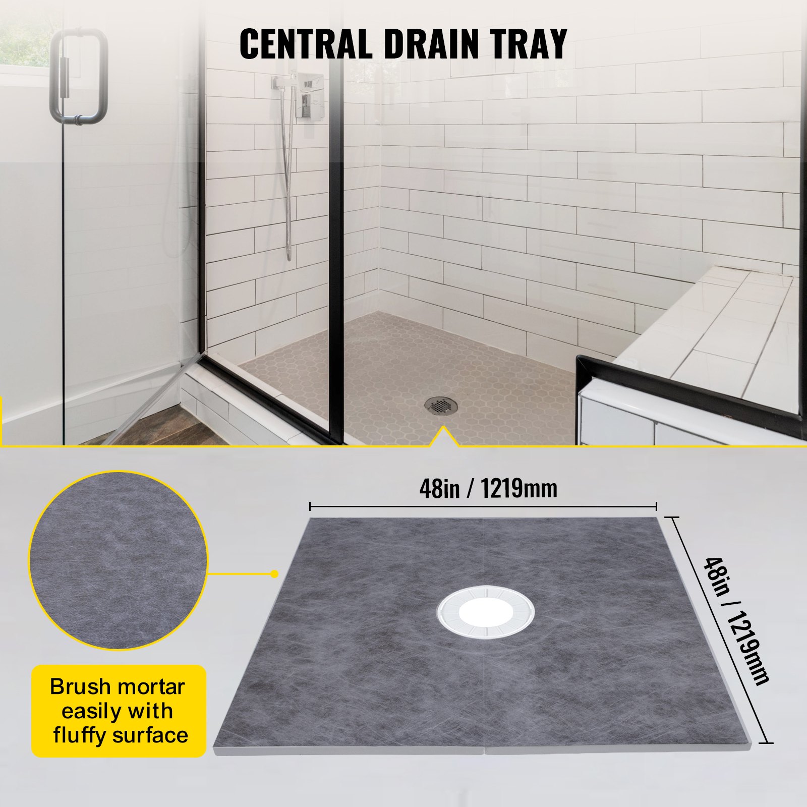 VEVOR Kit Plato de Ducha Umbral de Ducha Estanco 1219 x 1219 mm con Desagüe Central de PVC Rejilla de Acero Inoxidable de 10 cm 2 Bordes de Ducha Cortables y Llana Plato de Ducha para Baño