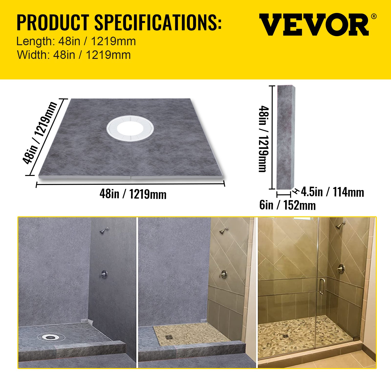 VEVOR Kit Plato de Ducha Umbral de Ducha Estanco 1219 x 1219 mm con Desagüe Central de PVC Rejilla de Acero Inoxidable de 10 cm 2 Bordes de Ducha Cortables y Llana Plato de Ducha para Baño