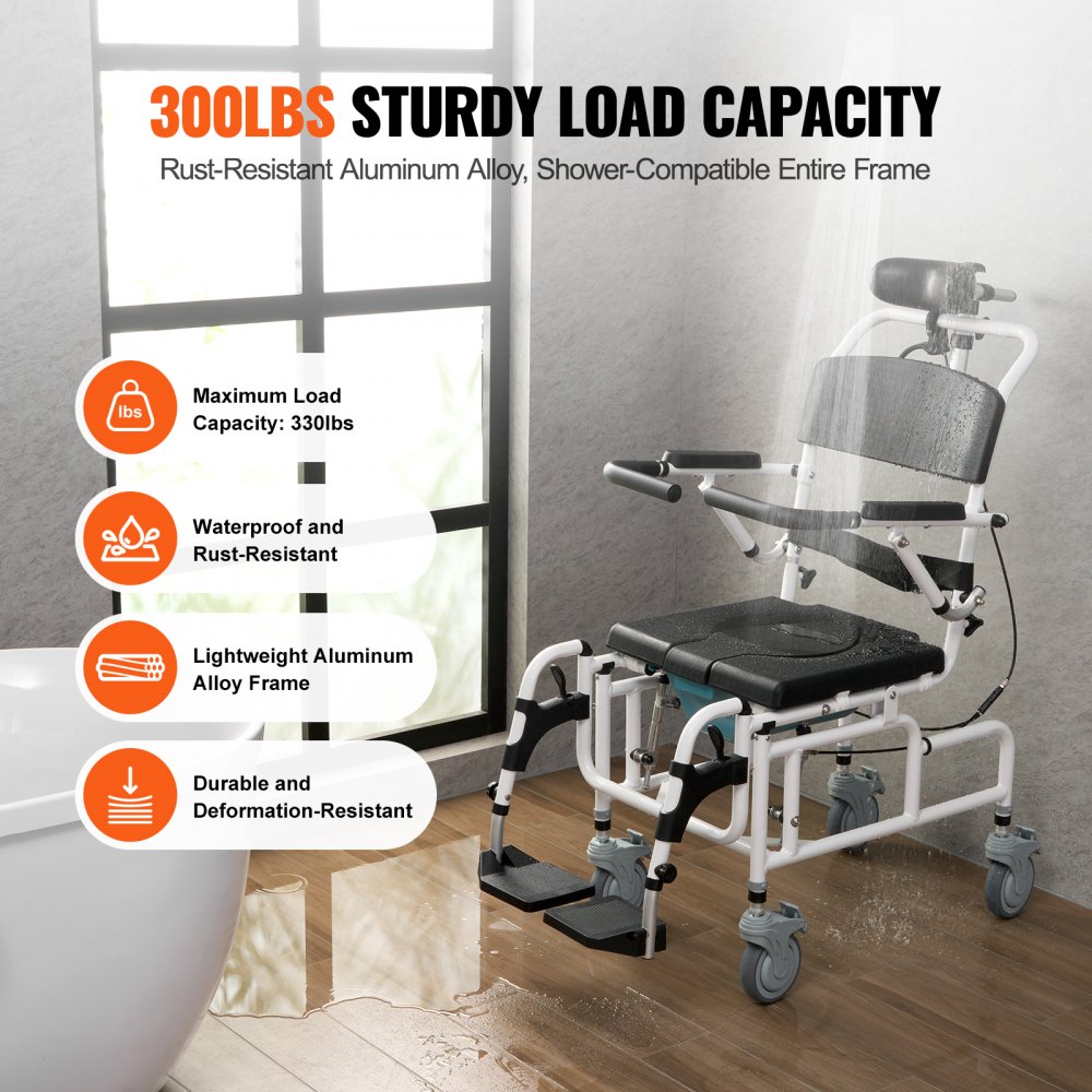 VEVOR Silla de Ruedas de Ducha de Aleación de Aluminio para Ducha Interior, con Freno para Adultos Discapacitados, Silla de Transporte de Ducha de 136 kg de Capacidad, 1085 x 550 x 1315 mm, Negro