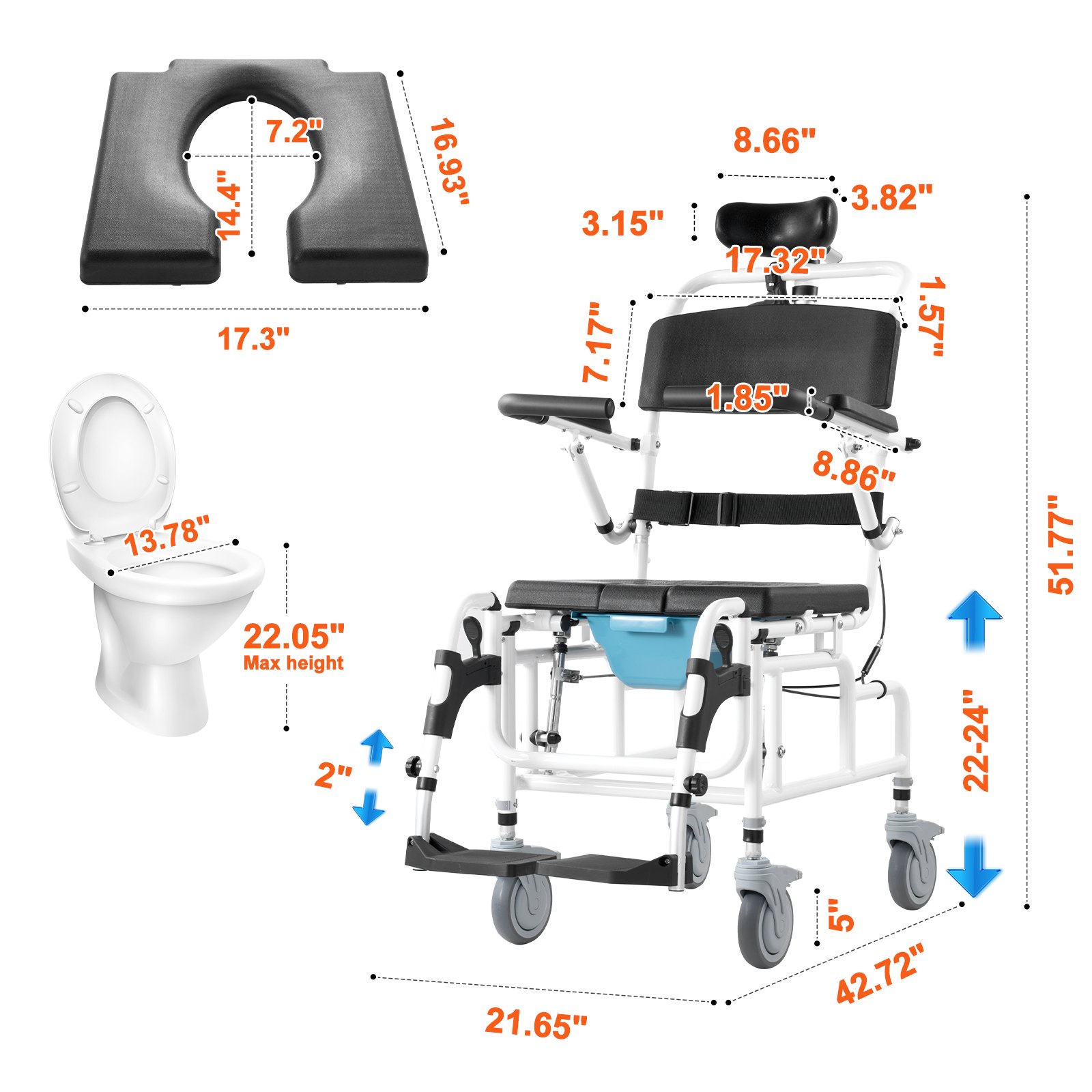 VEVOR Shower Wheelchair, 440 mm wide aluminum alloy toilet wheelchair for indoor showers, toilet chair with brake for disabled adults, wheelchair with a weight capacity of 136 kg