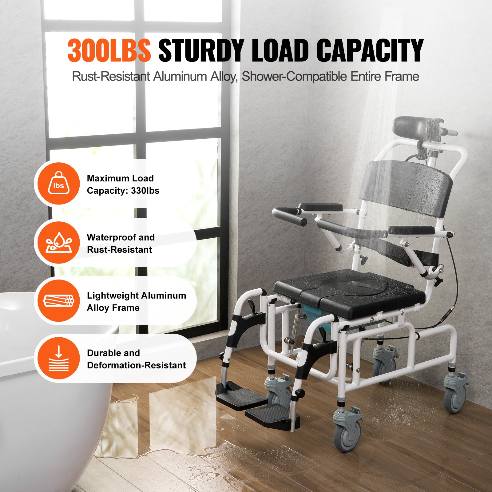 VEVOR Silla de Ruedas de Ducha de Aleación de Aluminio para Ducha Interior, con Freno para Adultos Discapacitados, Silla de Transporte de Ducha de 136 kg de Capacidad, 1085 x 550 x 1315 mm, Negro