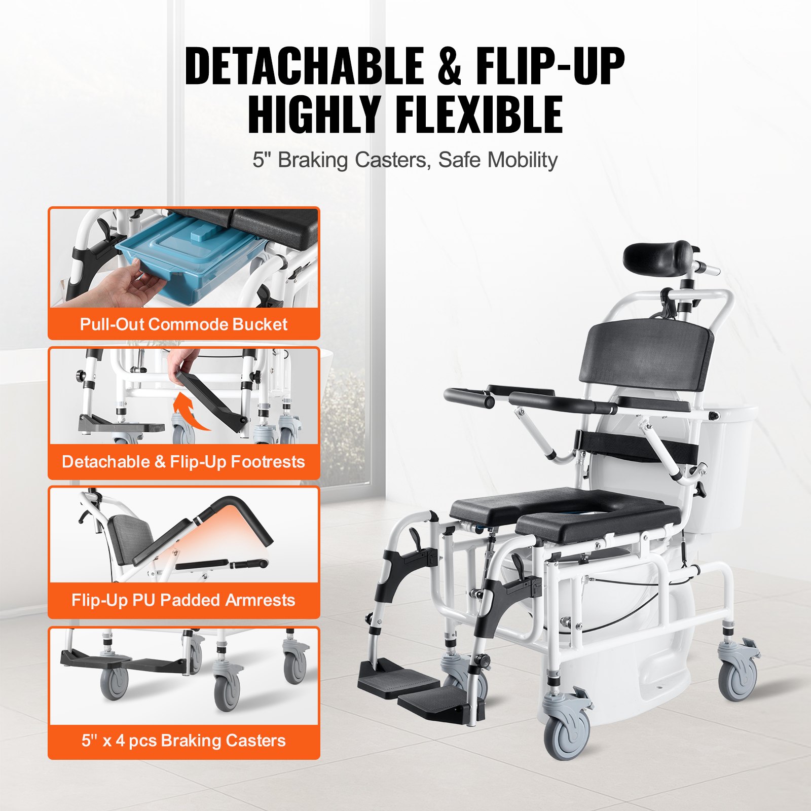 VEVOR Silla de Ruedas de Ducha de Aleación de Aluminio para Ducha Interior, con Freno para Adultos Discapacitados, Silla de Transporte de Ducha de 136 kg de Capacidad, 1085 x 550 x 1315 mm, Negro