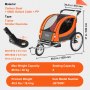 VEVOR Remolque de Bicicleta para Niños Asiento Doble Carga 40 kg Portaequipajes Transformable en Cochecito Remolque de Bicicleta para Niños Plegable con Enganche Universal para Bicicleta, Naranja Gris