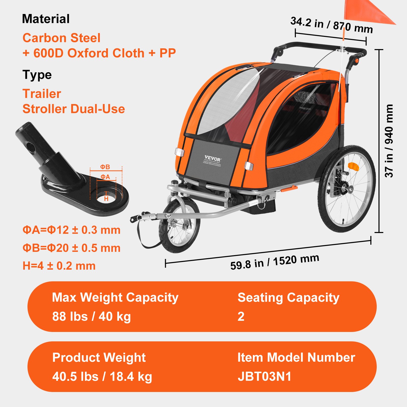 VEVOR Bicycle Trailer, Double Seat, 40 kg Load Capacity, 2-in-1 Canopy Carrier, Convertible to a Stroller, Foldable Child Bicycle Trailer for Pulling with Universal Bicycle Coupling, Orange and Gray