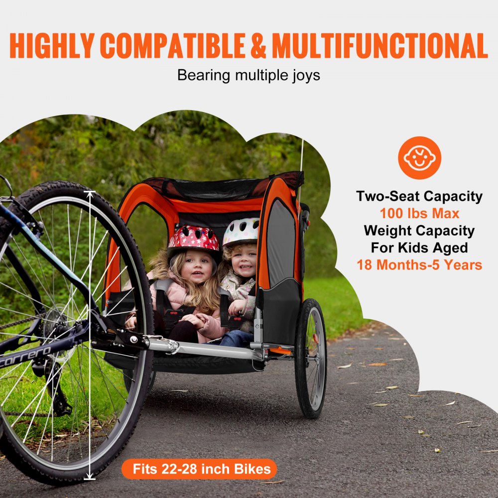 VEVOR Remolque de Bicicleta para Niños Asiento Doble Carga 45 kg Portaequipajes Transformable en Cochecito Remolque de Bicicleta para Niños Plegable con Enganche Universal para Bicicleta, Naranja Gris