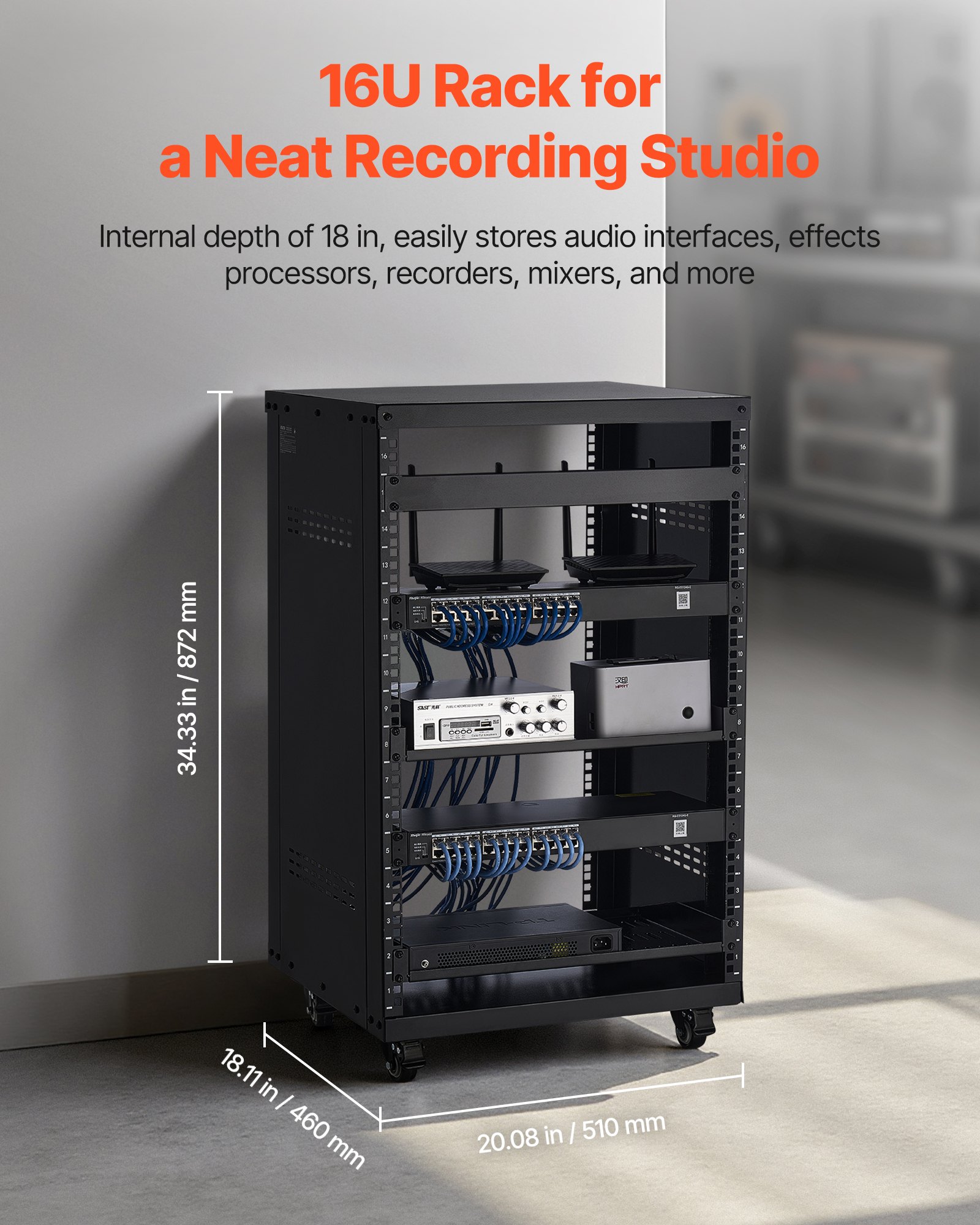 VEVOR Rack AV de 16U, Capacidad Máxima de 90,7 kg, Rack para Estudio de Grabación Doméstico con Ruedas Bloqueables, Diseño de Ventilación Especial, para Equipos de Audio/ Video/Música de 48,26 cm