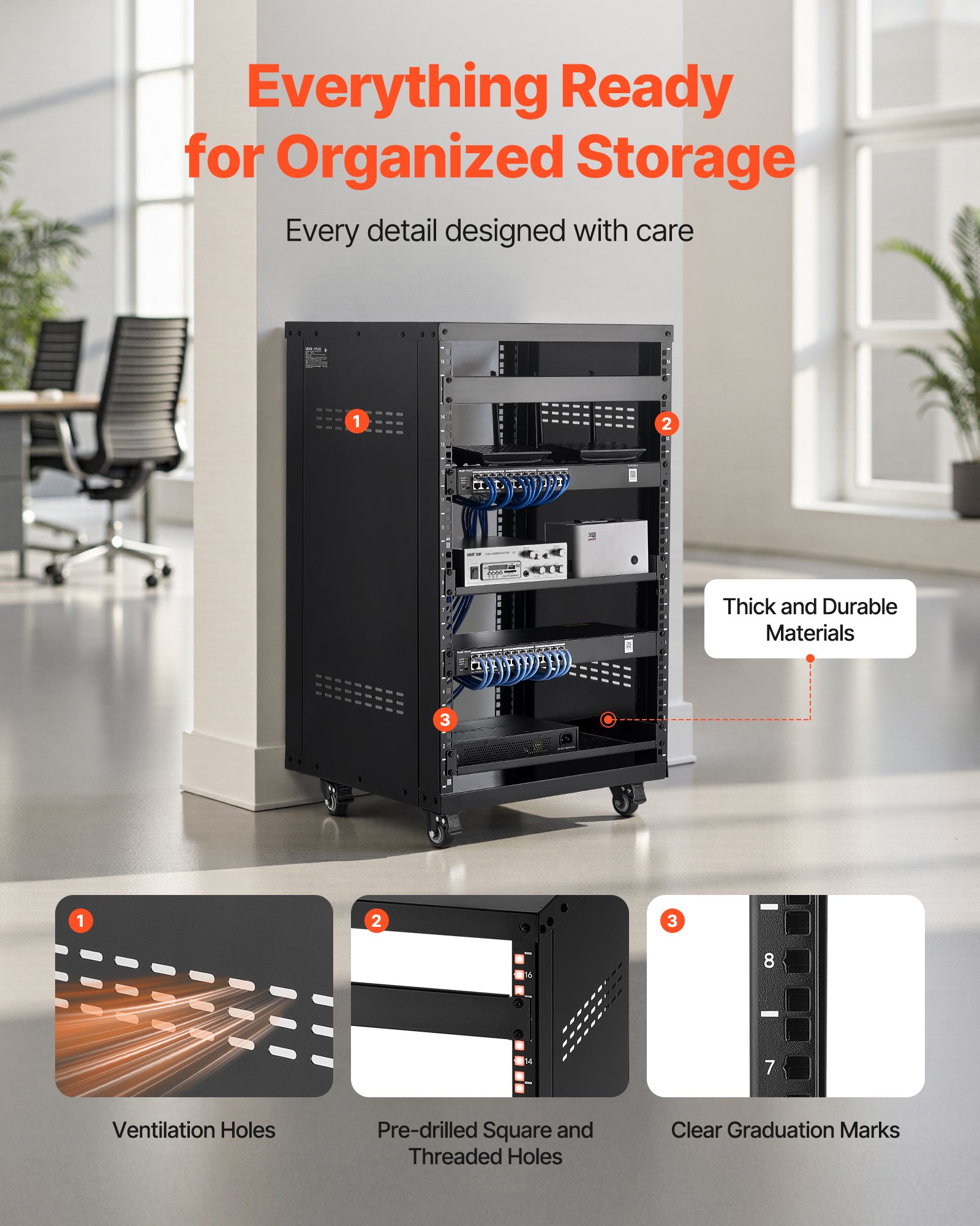 VEVOR Rack AV de 16U, Capacidad Máxima de 90,7 kg, Rack para Estudio de Grabación Doméstico con Ruedas Bloqueables, Diseño de Ventilación Especial, para Equipos de Audio/ Video/Música de 48,26 cm