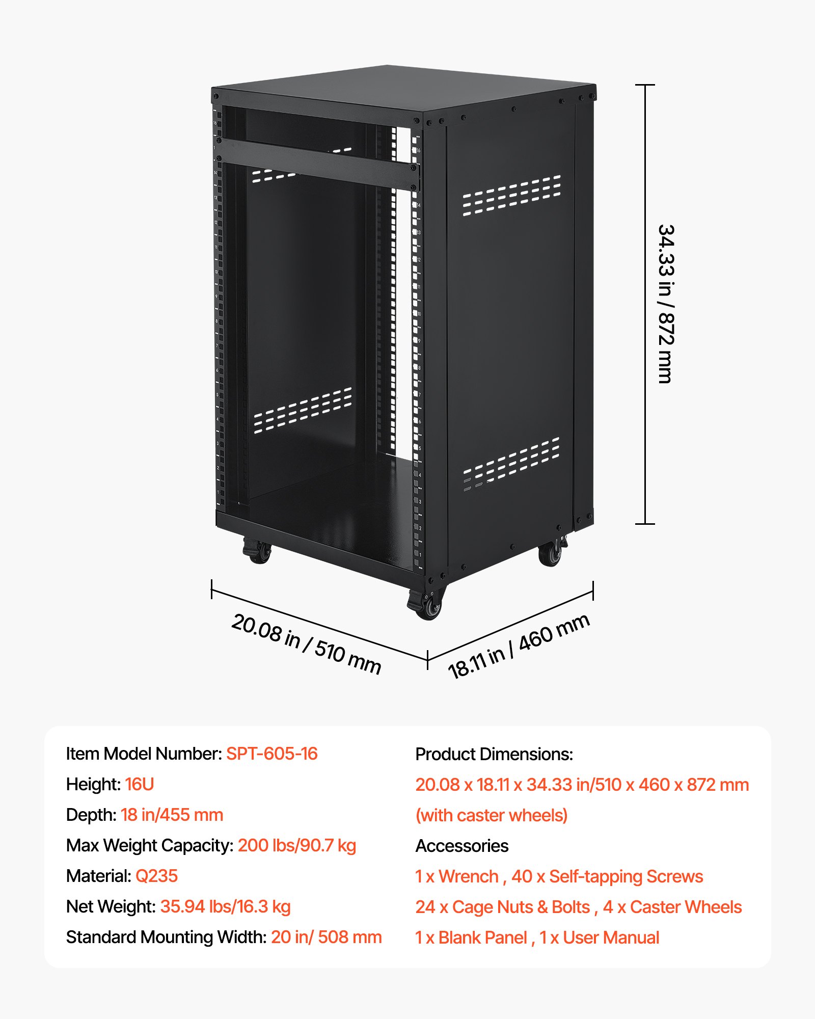 VEVOR Rack AV de 16U, Capacidad Máxima de 90,7 kg, Rack para Estudio de Grabación Doméstico con Ruedas Bloqueables, Diseño de Ventilación Especial, para Equipos de Audio/ Video/Música de 48,26 cm