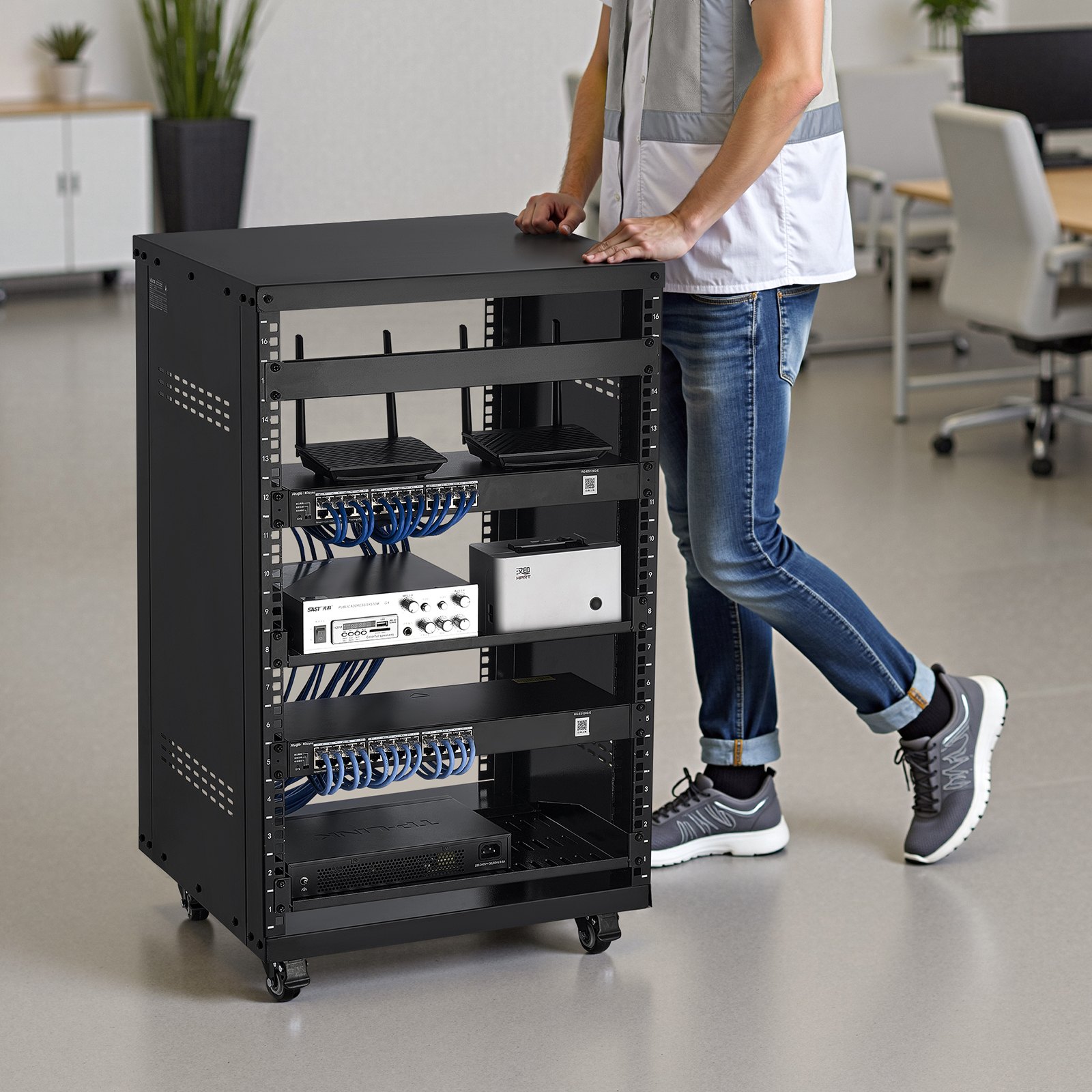 VEVOR Rack AV de 16U, Capacidad Máxima de 90,7 kg, Rack para Estudio de Grabación Doméstico con Ruedas Bloqueables, Diseño de Ventilación Especial, para Equipos de Audio/ Video/Música de 48,26 cm